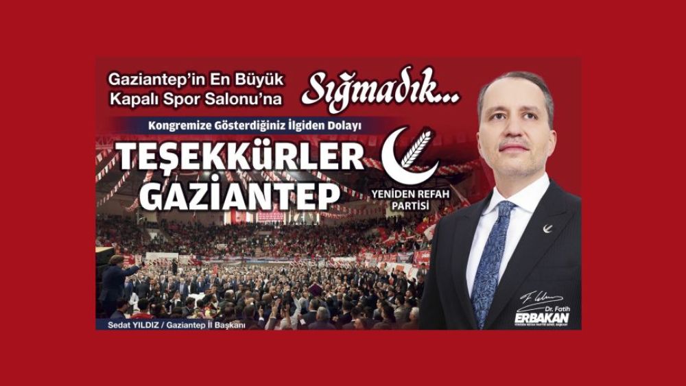 Yeniden Refah Partisi Gaziantep'ten Teşekkür Mesajı